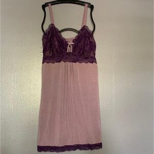 Urban Outfitters Lace Satin Cream & Maroon Brown Lace Chemise Mini Dress